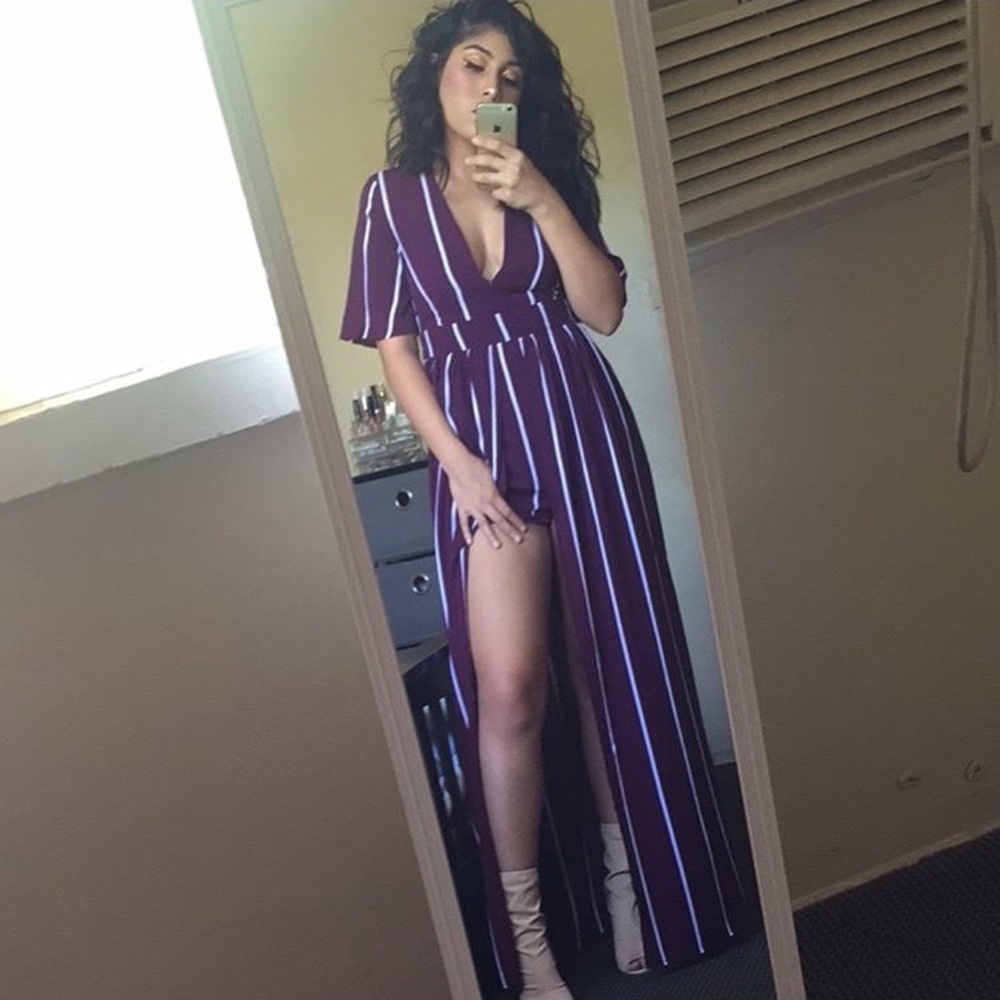 Burgundy and white stripped romper